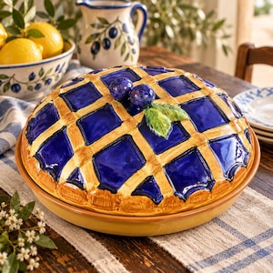 May include: A ceramic pie dish with a lid featuring a sculpted lattice crust design in tan and deep blue. The lid is topped with two dark blue sculpted blueberries and a single green leaf. The base is a solid tan colour with a smooth, rounded rim.