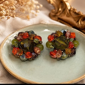Boucles d’oreilles vintage West Germany | Clip-on perles et cristaux multicolores | Orange olive ambre | Statement rétro années 60 70