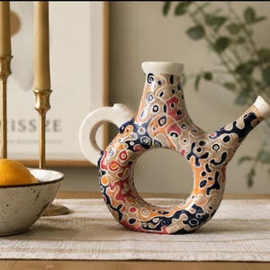 Vintage Signed Chown Ceramic Pitcher | Studio Pottery Art Jug | Hand Painted Sculptural Ring Pitcher | Mid Century Modern Decor