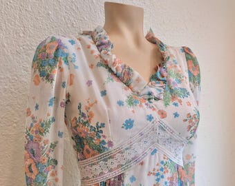 Vintage 1970s 70s Floral Prairie Maxi Tie back Dress (xs)