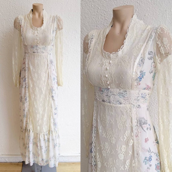 Vintage 1970s 70s Dress - 70s Lace Floral Prairie