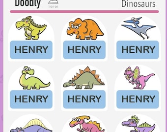 Iron-on Fabric Labels - 48 Personalized Iron on Clothing Labels - Laundry Safe Clothing Labels for Kids - Dinosaur theme
