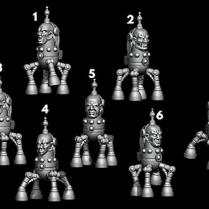 May include: Seven gray, futuristic robot figurines with human-like faces and multiple legs are displayed against a black background. Each robot has a cylindrical body, a head with detailed facial features, and a decorative top.