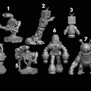 May include: A collection of seven gray robot figurines, each with unique designs. Some have TV-shaped heads, while others feature antennas and various mechanical details. The robots are posed in different stances, showcasing their individual characteristics.