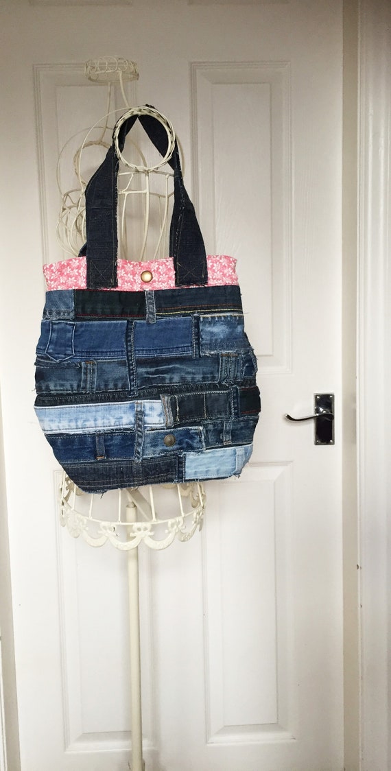 stripes tote should straps Upcycled denim tote bag cotton blue days out handbag sustainable reuse large shopper beach white