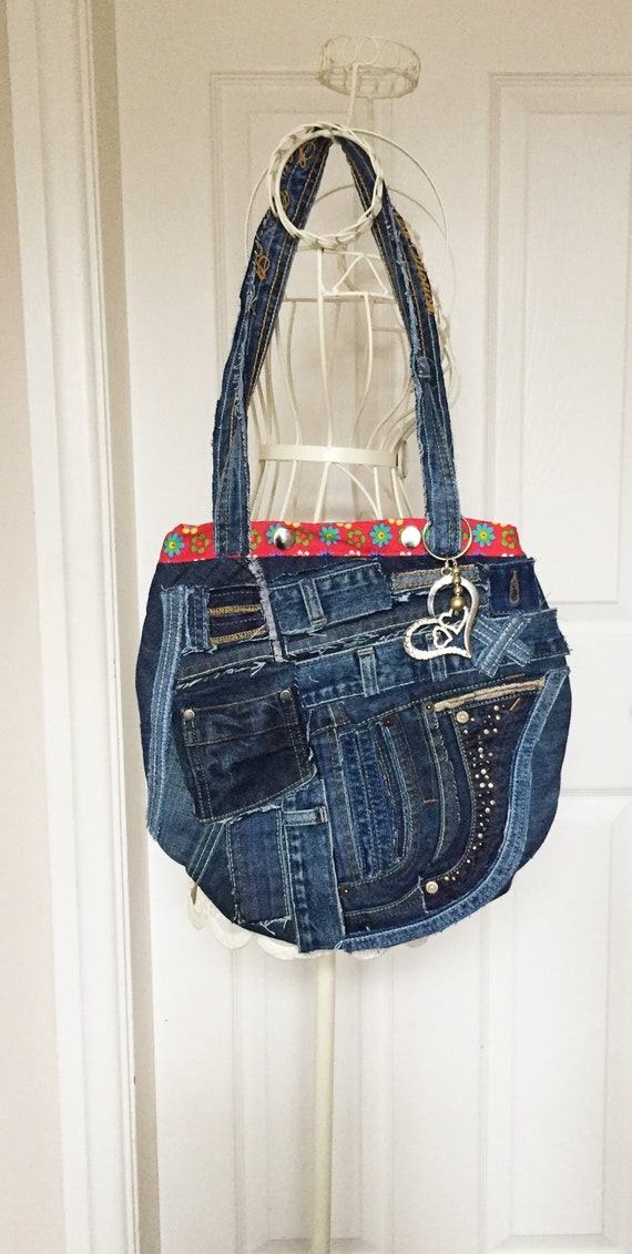 Patchwork Denim Handbag Recycled Jeans Tote Upcycled | Etsy