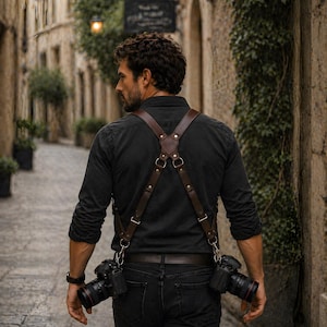 May include: A brown leather dual camera harness with metal hardware. The harness is worn over a black shirt and holds two cameras. The photographer is walking down a stone alleyway.