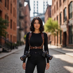 May include: A brown leather camera harness with two cameras attached. The harness features shoulder straps and a waist belt with a buckle. The person is wearing a black long-sleeved top and black trousers. The background is a cobbled street.