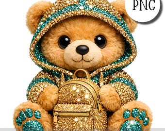 Osito de peluche con diamantes de imitación verde azulado PNG, adorable osito de San Valentín con corazón, ilustración para sublimación, pegatinas, impresión y manualidades, verde