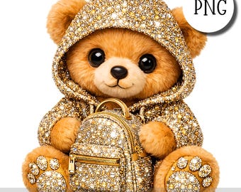 Osito de peluche dorado con diamantes de imitación PNG, adorable osito de San Valentín con corazón, ilustración para sublimación, pegatinas, impresión y manualidades
