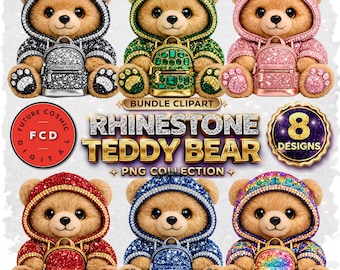 Paquete de 8 ositos de peluche con diamantes de imitación en formato PNG, conjunto de imágenes prediseñadas de osos glamorosos, oso con capucha de lujo brillante, oso con mochila brillante en formato PNG, oso lindo de estilo de diseñador
