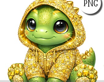 Dinosaurio con diamantes de imitación dorados PNG Clipart, lindo dinosaurio con capucha, ilustración para sublimación, pegatinas, impresión y manualidades