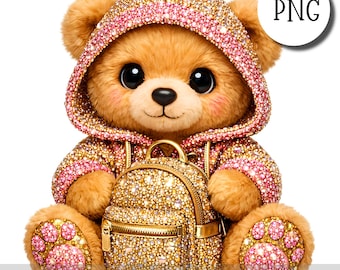 Osito de peluche rosa con diamantes de imitación PNG, adorable osito de San Valentín con corazón, ilustración para sublimación, pegatinas, impresión y manualidades