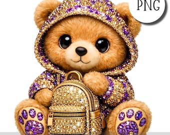 Osito de peluche morado con diamantes de imitación PNG, adorable osito de San Valentín con corazón, ilustración para sublimación, pegatinas, impresión y manualidades