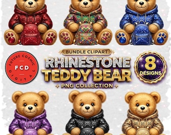 Paquete de 8 ositos de peluche con diamantes de imitación en formato PNG, conjunto de imágenes prediseñadas de osos glamorosos, oso con capucha de lujo brillante, oso con mochila brillante en formato PNG, oso lindo de estilo de diseñador