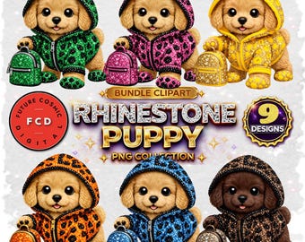 Paquete de 9 imágenes prediseñadas de cachorros con diamantes de imitación en formato PNG, imágenes prediseñadas de sudaderas con capucha para perros con purpurina, conjunto de imágenes PNG de cachorros adorables, perro con estampado de leopardo brillante, diseño de sublimación.