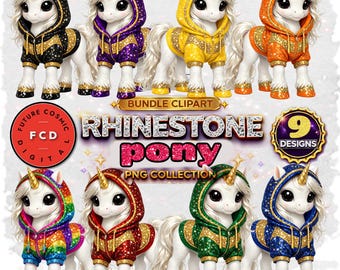 Paquete de 9 imágenes prediseñadas de unicornios con purpurina en formato PNG, conjunto de imágenes prediseñadas de ponis unicornio kawaii adorables, unicornios dorados brillantes arcoíris, gráficos de animales fantásticos.
