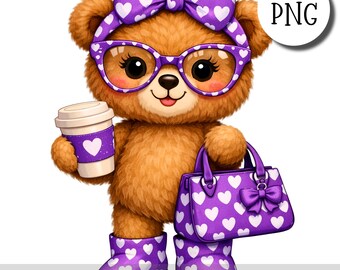 Osito morado PNG, adorable osito de San Valentín con forma de corazón y lazo de colores, ilustración para sublimación, pegatinas, impresión y manualidades.