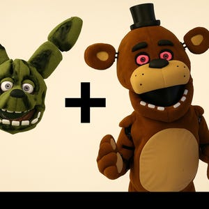 May include: An image featuring two character costumes. On the left is a green rabbit head with a wide grin. On the right is a brown bear costume with a black top hat and a tan muzzle. A black plus sign is between them.