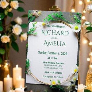 May include: A wedding invitation on a gold easel. The invitation features the names RICHARD and AMELIA in green, along with the date, time, and location: The Willow Garden, South Carolina, USA. The invitation is decorated with floral accents.