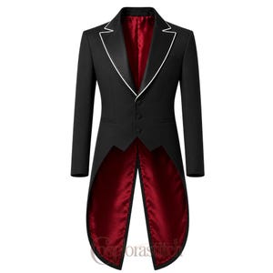 May include: A black tailcoat jacket featuring a deep red satin lining, a notched lapel with white piping, and three front buttons. The garment has long sleeves, a structured shoulder design, and a split tail back that reveals the red interior.