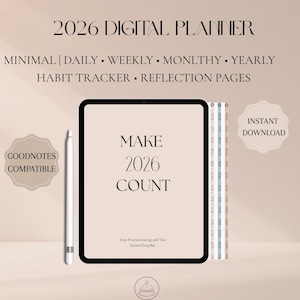Puede incluir: Un planificador digital para 2026 en una tableta, con el texto "MAKE 2026 COUNT". Incluye funciones mínimas, diarias, semanales, mensuales y anuales, un rastreador de hábitos y páginas de reflexión. Incluye un lápiz óptico y es compatible con Goodnotes.