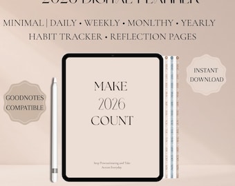 2026 Digitaler Kalender | Verlinkt | Monatlich, Wöchentlich, Täglich, Habit Tracker, Reflexionen | iPad Planer + gratis 2026 Wandkalender