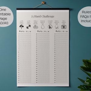 Peut inclure: Un tableau imprimable du défi 75 Hard, en noir et blanc. Le tableau comprend des icônes et des cases pour suivre les progrès. Le texte comprend "One Printable Page (AO/A1)" et "Rules & FAQs PDF Included".