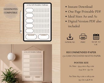30 Tage Selbstdisziplin Challenge-Poster | Printable A0 A1 + Digital iPad Habit Tracker | Konstanz und Fokus aufbauen