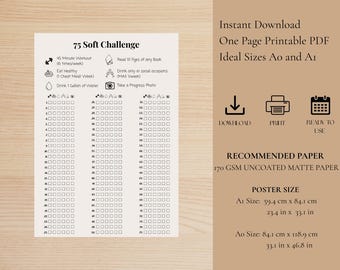 75 Soft Challenge Druckbare PDF | A0 & A1 Größe Poster | Fitness-Tracker | 75-Tage-Gewohnheit und Ziel-Tracker Wandkarte | Sofort Download