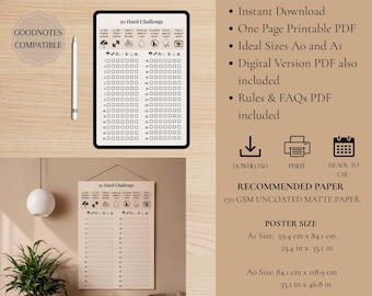 30 Tage Hard Challenge Tracker | Druckbarer und digitaler Tor-Planer (A0 und iPad PDFs