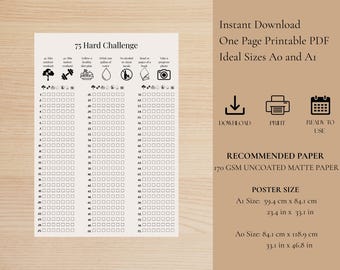 75 Tage Challenge druckbare PDF | A0 & A1 Größe Poster | Fitness-Tracker | 75-Tage-Gewohnheit und Ziel-Tracker Wandkarte | Sofort Download