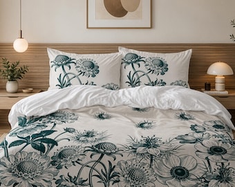 Teal Botanical Cotton Duvet Cover Set, Vintage Floral Bedding, Cottagecore Bedroom Decor