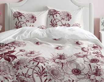 Burgundy Botanical Cotton Duvet Set, Vintage Floral Bedding, Cottagecore Bedroom Decor