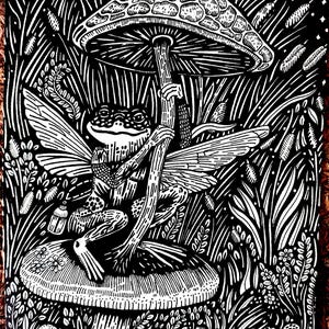 Puede incluir: Ilustración en blanco y negro de una rana alada sentada en una seta. La rana sostiene un tallo bajo un gran sombrero de seta. El fondo presenta hierba alta y otras plantas, creando una escena de bosque caprichosa.