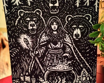 Volvan och björnarna - Handritad folkkonst.