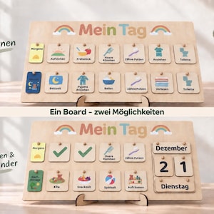 May include: A wooden daily routine board titled Mein Tag with two rows of interchangeable square tiles featuring colourful icons for morning and evening tasks, plus a calendar section displaying Dezember 21 Dienstag.