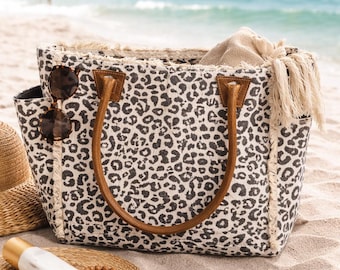 Leopard Print Canvas Fringe Tote with Leather Handles