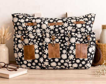 Black & White Floral Canvas Tote Bag