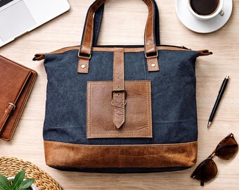 Indigo Heritage Canvas Tote with Leather Accents