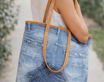 Denim Tote Bag with Leather Straps – Everyday Essential Carry Bag
