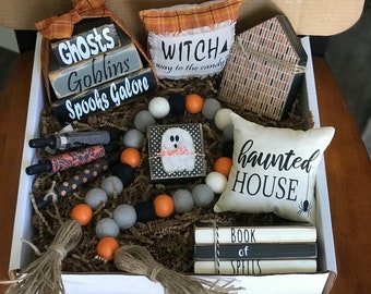 Halloween tiered tray decor bundle, Fall Tiered Tray decor, Halloween home decor, mini houses Halloween Mini Pillow filler decor, Pumpkin