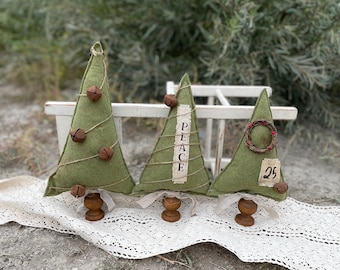 homespun tree, fabric Christmas tree, Set of 3 felt Christmas tree, christmas decoration christmas gift, primitive Christmas decor gift