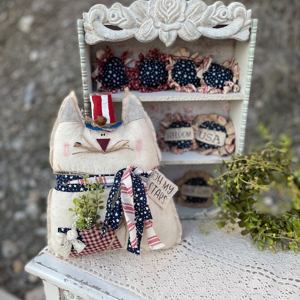 primitive patriotic Americana cat, Patriotic Cat Folk Art Doll, 4th of July decor, July 4th day tuck, Gifts For Cat Lovers, cat decor