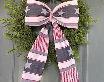 Patriotic 4th of July Bow, Handmade American pride wreath decor/4th of july bow for swag/memorial day wreath sash/American flag door hanger