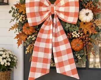 Lazo para corona de otoño, lazo de cuadros vichy naranja hecho a mano, decoración otoñal de estilo rústico, lazo para puerta de otoño, lazo de Acción de Gracias a cuadros búfalo, lazo de cuadros naranjas de otoño