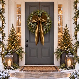 May include: A dark grey front door features a large evergreen wreath adorned with pinecones and a prominent gold velvet bow. Two potted evergreen trees with warm string lights and lanterns containing white candles flank the entryway.