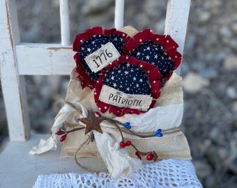 Vintage Americana Decor, Patriotic Tiered Tray, Fourth of July Decor, Independence Day Flowers Shelf Sitters Patriotic Flower red white blue