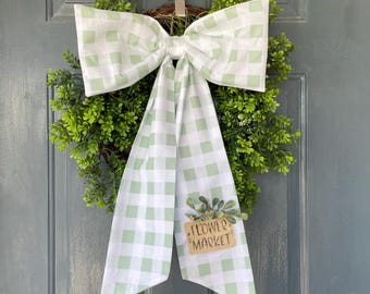 Gingham Boxwood Wreath Sash, green plaid spring sash, Spring Gingham Wreath Sash, Green gingham wreath bow, green gingham, Wreath Scarf