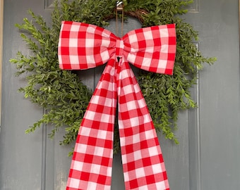 Röd gingham-kransrosett, Röd rutig kransbåge, Röd gingham-köksdekor, röd kransrosett för vardag, överdimensionerad röd tygrosett till ytterdörren